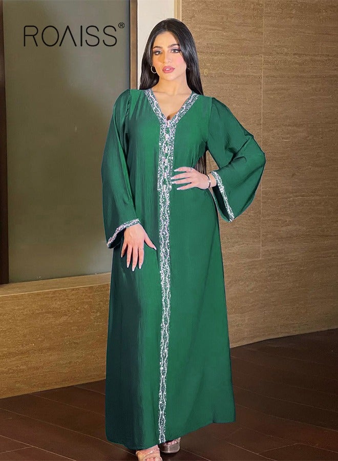 Women Luxury V-neck Rhinestone Robe Maxi Dresses Exclusive Styles Modern Stylish Abaya Middle East Arabic Banquet Wedding Party Dress Women's Festival Clothing