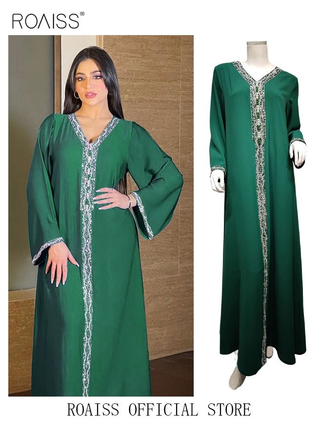 Women Luxury V-neck Rhinestone Robe Maxi Dresses Exclusive Styles Modern Stylish Abaya Middle East Arabic Banquet Wedding Party Dress Women's Festival Clothing