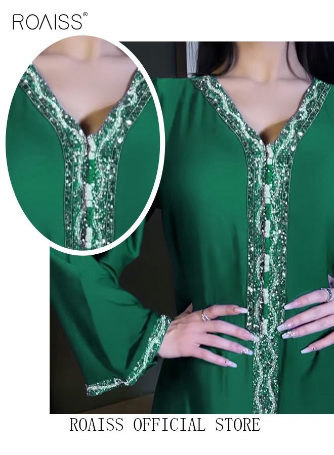 Women Luxury V-neck Rhinestone Robe Maxi Dresses Exclusive Styles Modern Stylish Abaya Middle East Arabic Banquet Wedding Party Dress Women's Festival Clothing