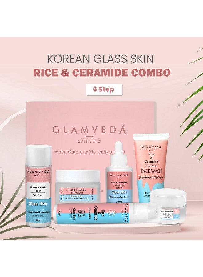 Korean Glass Skin Rice & Ceramide 6 Step Daily Skincare Routine For Women With Gift Box Face Wash Toner Serum Under Eye Cream Moisturizer & Sunscreen