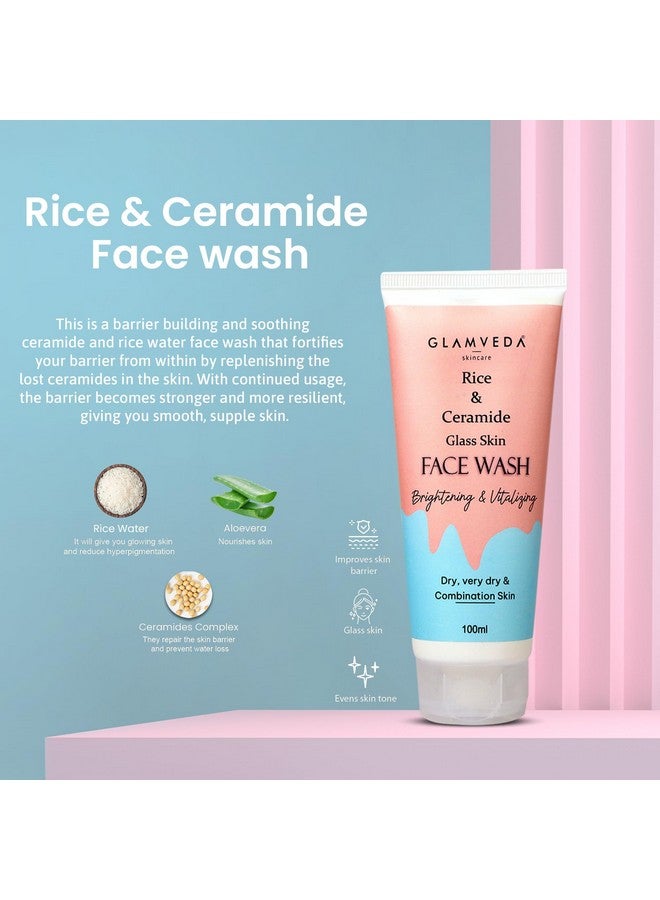 Korean Glass Skin Rice & Ceramide 6 Step Daily Skincare Routine For Women With Gift Box Face Wash Toner Serum Under Eye Cream Moisturizer & Sunscreen