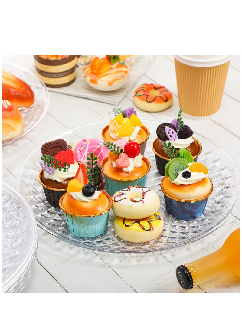 10 Pcs Round Serving Platter, Reusable Acrylic Crystal Flan Plate Plastic Tray Clear Round Serving Tray for Food Cake Cookie Fruits Birthday Wedding Party (10 Inch)