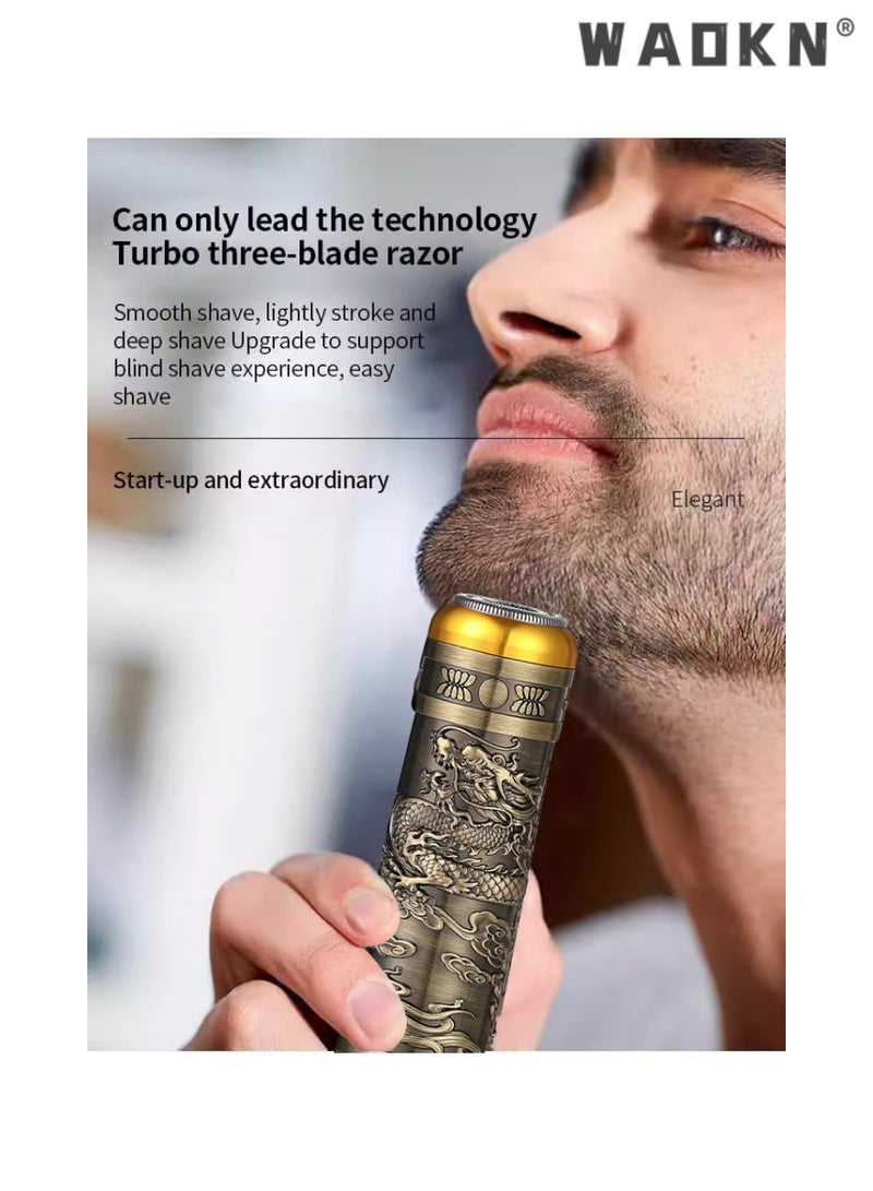 Portable USB Charging Men Face Shaver Rechargeable Electric Razor Mini  Shaver Smart Electric Shaver Rechargeable Detachable Washable Shaver Beard Trimmer for Men（Bronze Dragon Pattern）