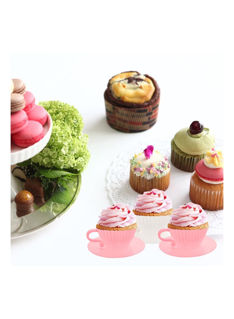 Silicone Muffin Cups for Baking Cupcake Liners Reusable Chocolate 8 Teacups with 8 Saucers White