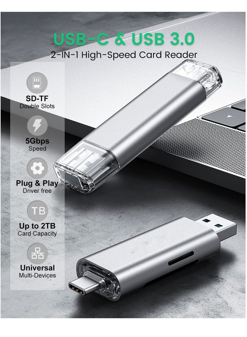 Micro SD Card Reader, USB 3.0 USB-C Memory Card Reader, Aluminum Multi 2-in-1 External SD Card Adapter for Phone Camera PC Laptop Table, Support TF/SD/Micro/SD/SDXC/SDHC/MMC/RS-MMC/UHS-I