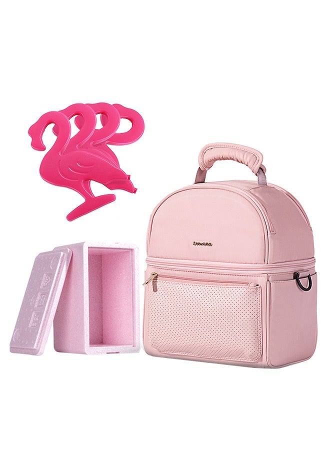 Insulated Lunch Bag With Thermo Box And 4 Pieces Flamingo Ice Pack Set - Pink