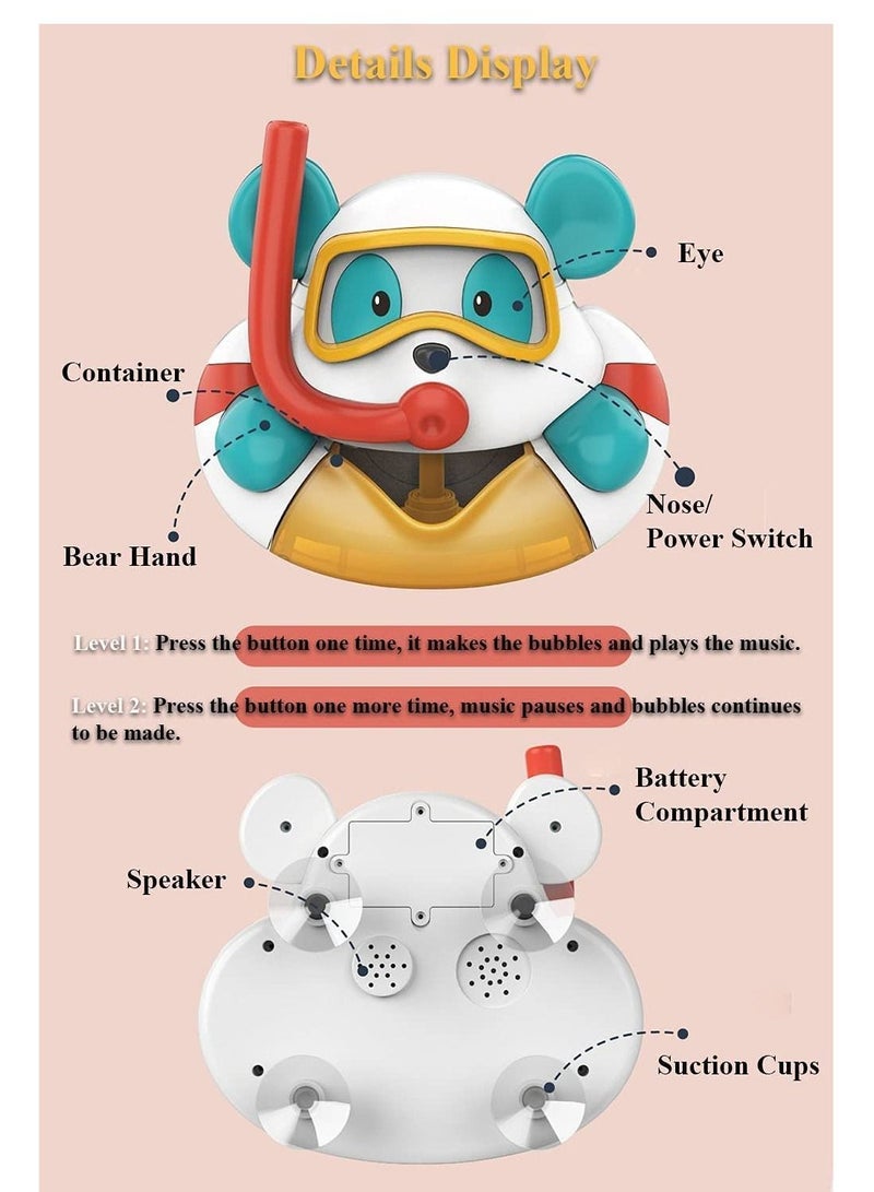 Bathtub Bubble Maker Kids Electric Cartoon Animal Bubble Blower Machine Bubble Machine Cute Bear Bath Toy with Music and Vacuum Suction Cups Bear