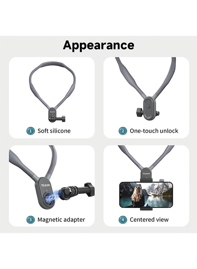 TELESIN Magnetic Neck Mount Kit with Phone Clip Vertical Adapter, POV Selfie Necklace Holder Lanyard Strap Accessories for GoPro 12 11 10 9 8 Insta360 X3 Go3 Ace Pro DJI Action 3 4 Osmo Pocket iPhone