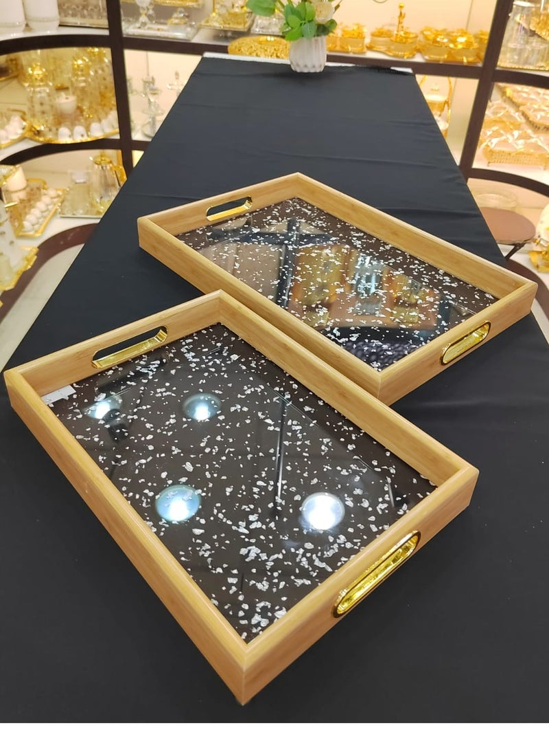 2Pack Serving Trays Perfect for Indoor & Outdoor Use Acrylic Interior & Wooden Exterior Ideal for Appetizers Pizza & Fruit Sturdy Handles for Easy Transport