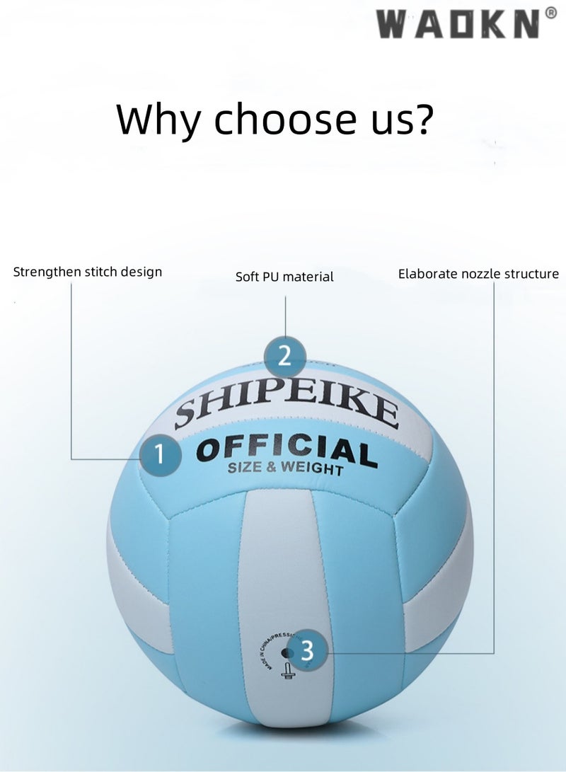 Inflatable Soft Volleyball,Volleyball PU Leather Soft Outdoor Soft Adult Volleyball Explosion-proof Machine Sewing Standard No. 5 for Indoor, Competition,Training,Beach Volleyball（White and Blue）