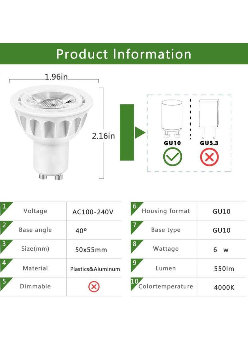 6 Pack GU10 LED Bulbs - Halogen Equivalent, 550lm, 4000K Natural White- 40° Beam Angle Spotlight, UL Listed, Non-Dimmable