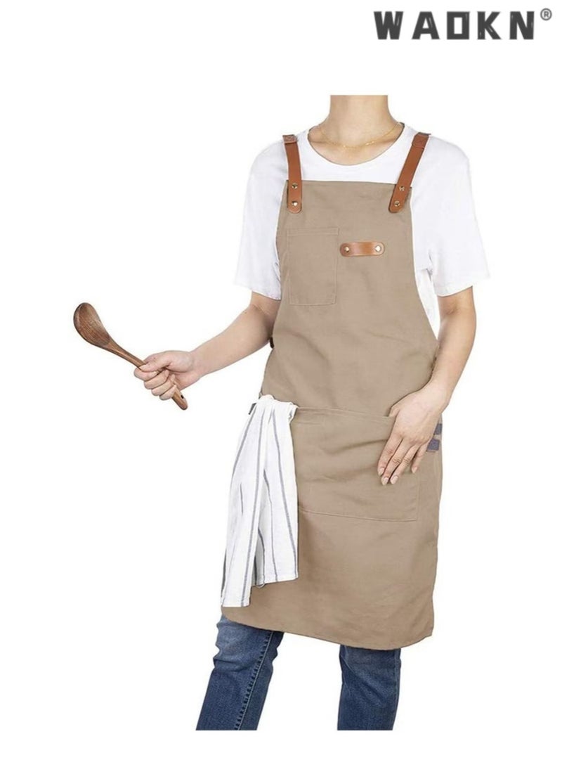 Kitchen Chef Cotton Canvas Apron, suitable for Work Clothes in Restaurants, Milk tea Shops, Coffee Shops.Women's and Men's Sloping Back Apron, Waterproof and Oil Resistant with Pockets (Khaki Color)