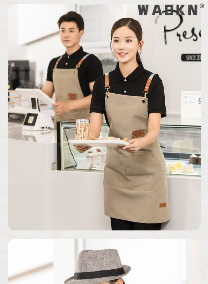 Kitchen Chef Cotton Canvas Apron, suitable for Work Clothes in Restaurants, Milk tea Shops, Coffee Shops.Women's and Men's Sloping Back Apron, Waterproof and Oil Resistant with Pockets (Khaki Color)