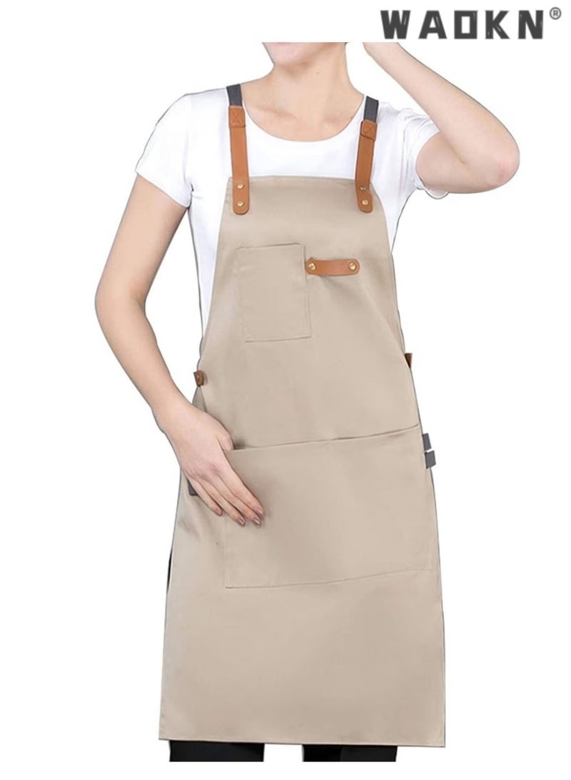 Kitchen Chef Cotton Canvas Apron, suitable for Work Clothes in Restaurants, Milk tea Shops, Coffee Shops.Women's and Men's Sloping Back Apron, Waterproof and Oil Resistant with Pockets (Khaki Color)