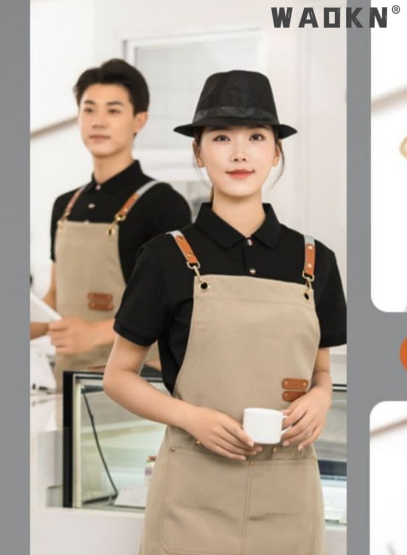 Kitchen Chef Cotton Canvas Apron, suitable for Work Clothes in Restaurants, Milk tea Shops, Coffee Shops.Women's and Men's Sloping Back Apron, Waterproof and Oil Resistant with Pockets (Khaki Color)