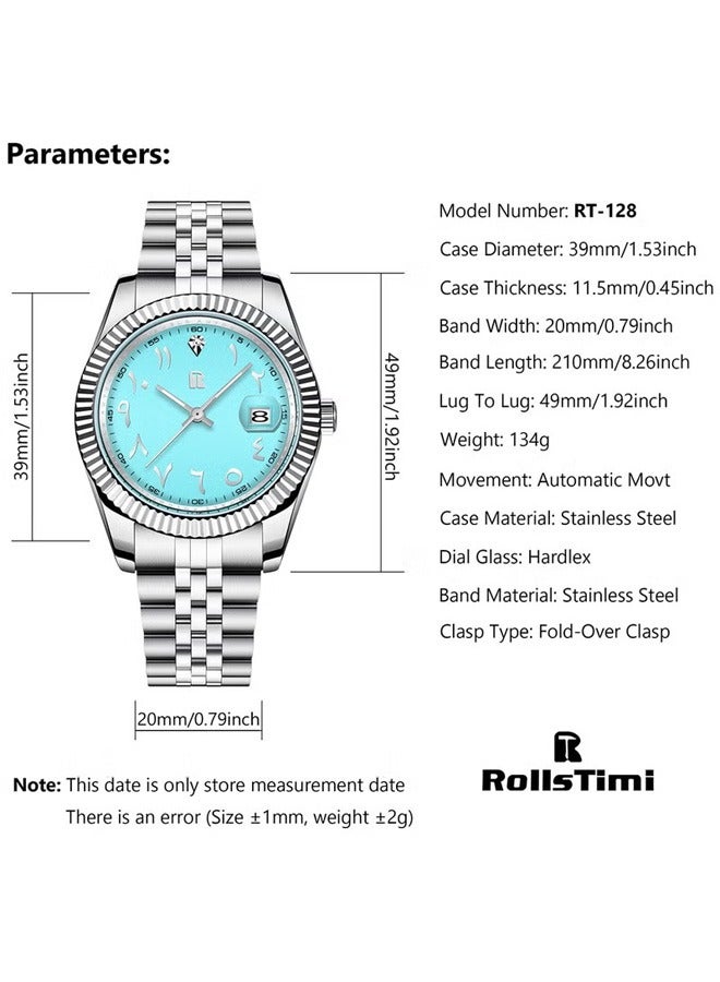 Men's Automatic Mechanical Watches, Stainless Steel 39MM Dial, Arabic Numerals Dial, Automatic Date, Sports Waterproof, Steel Belt