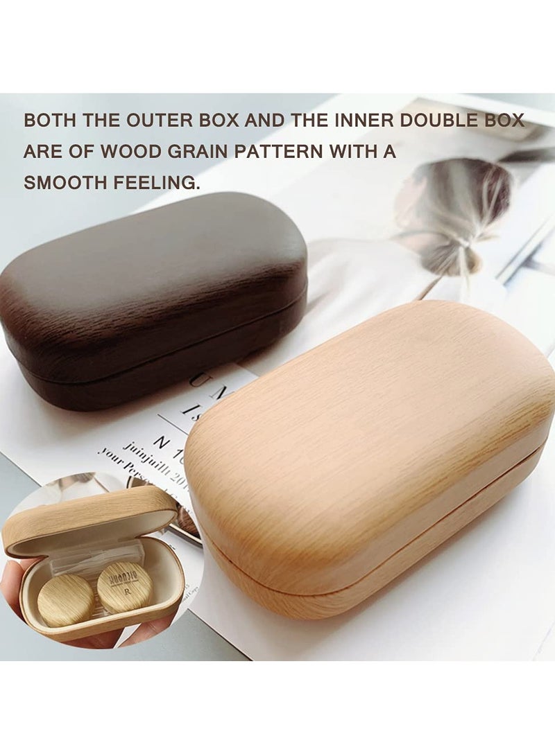 Wood Grain Contact Lens Case Compact Eye Contact Case for Travelling Portable Contact Box with Mirror Rectangle，Cute Colorful Especially Fresh Brown 2 Piece Set