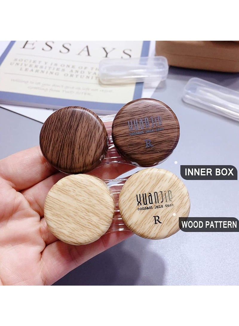 Wood Grain Contact Lens Case Compact Eye Contact Case for Travelling Portable Contact Box with Mirror Rectangle，Cute Colorful Especially Fresh Brown 2 Piece Set