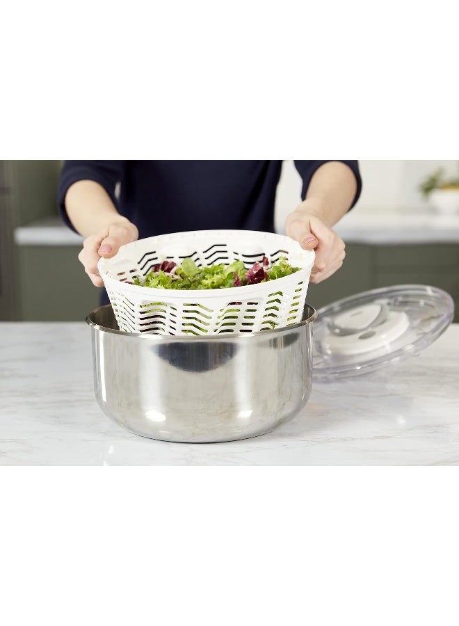 E940020 Easy Spin 2 Salad Spinner Large Stainless Steel White Retractable Cord And Brake System/Non Slip Base/Easy Cleaning Dishwasher Safe