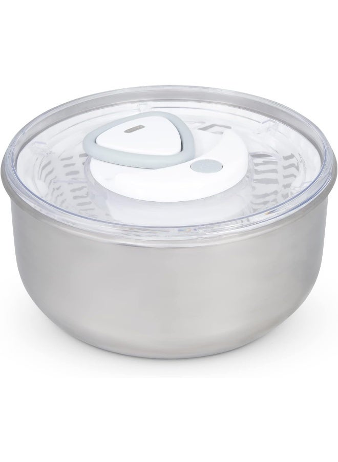 E940020 Easy Spin 2 Salad Spinner Large Stainless Steel White Retractable Cord And Brake System/Non Slip Base/Easy Cleaning Dishwasher Safe