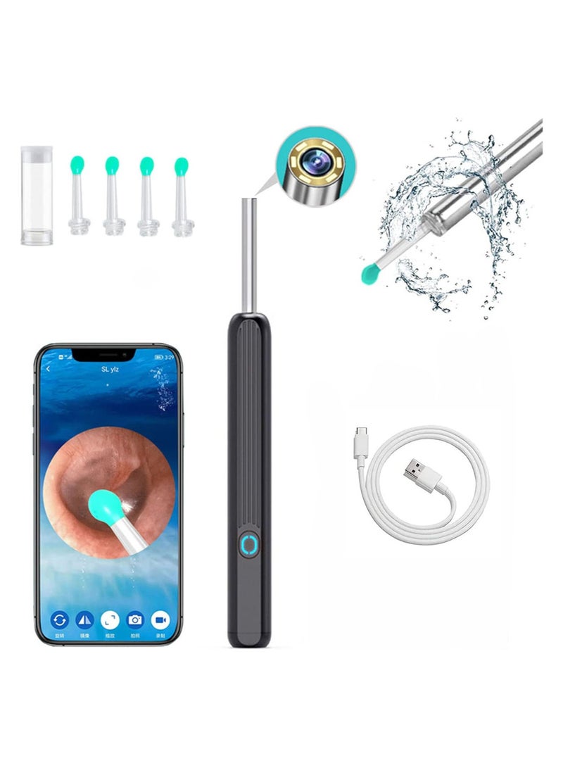 Ear Cleaner Ear Wax Removal Tool WiFi Visible Wax Elimination Spoon with 4 Soft Ear Scoops Wireless Ear Endoscope 1296P HD with LED Light Black