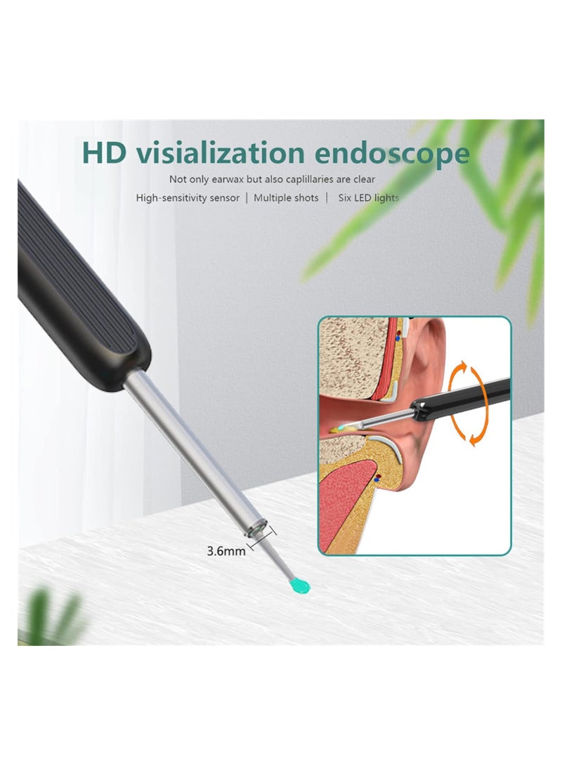 Ear Cleaner Ear Wax Removal Tool WiFi Visible Wax Elimination Spoon with 4 Soft Ear Scoops Wireless Ear Endoscope 1296P HD with LED Light Black