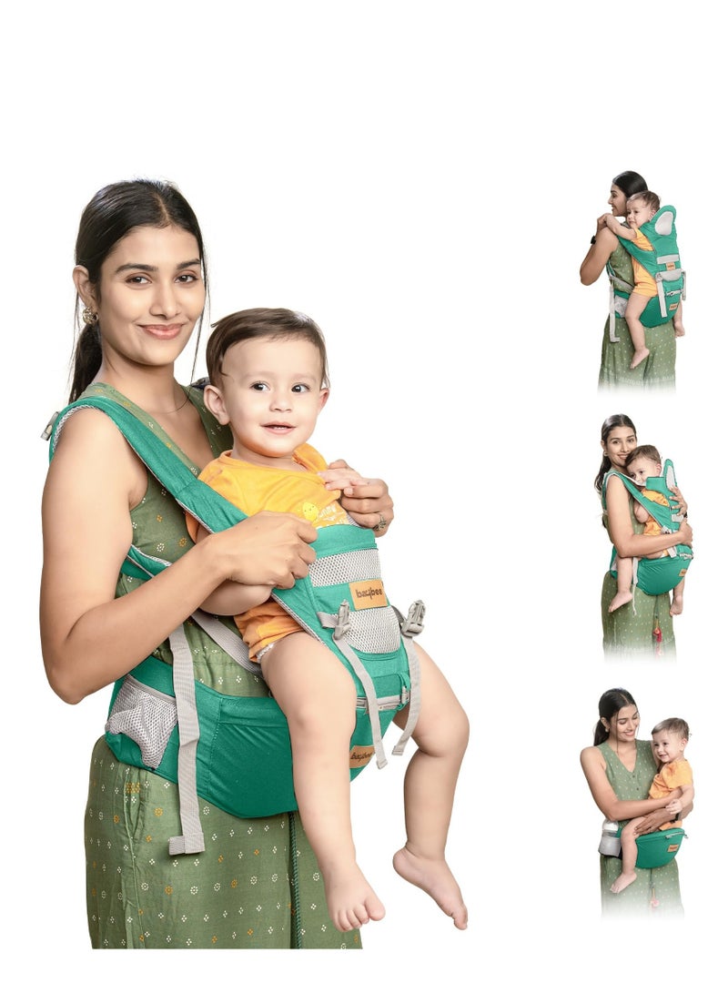 Baybee 9 in 1 Ergo+ Baby Carrier for Newborn with Hip Seat, 9 Carry Positions, Baby Kangaroo Carrier Bag | Baby Carry Sling Front Back Carrier with Safety Belt| Baby Carry Bag (Green ||)