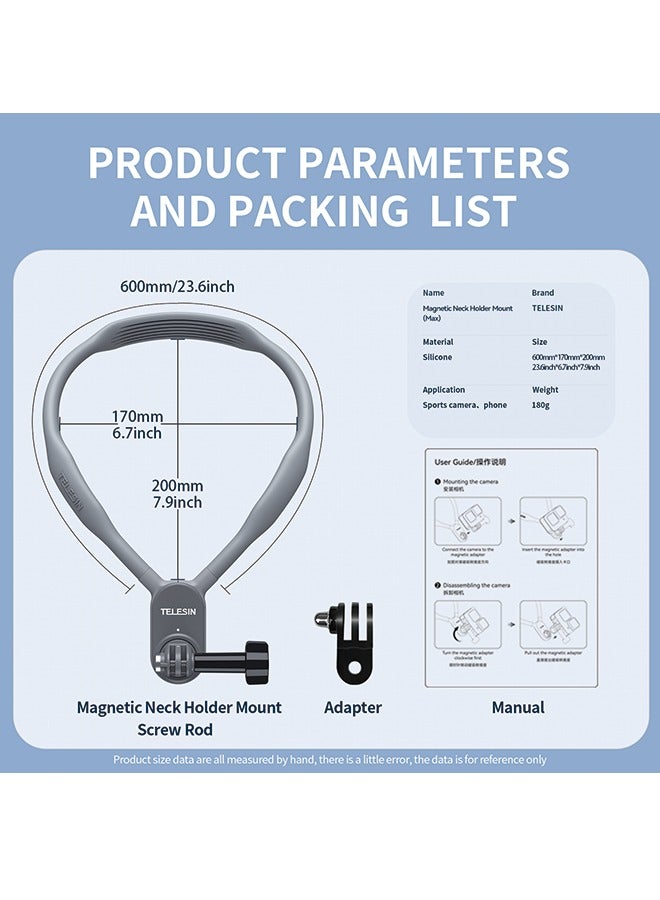 TELESIN official standard configuration U-shaped magnetic hanging neck bracket, Equipped with anisotropic short link conversion head, Compatible with GoPro/Inata 360/DJI and other action cameras
