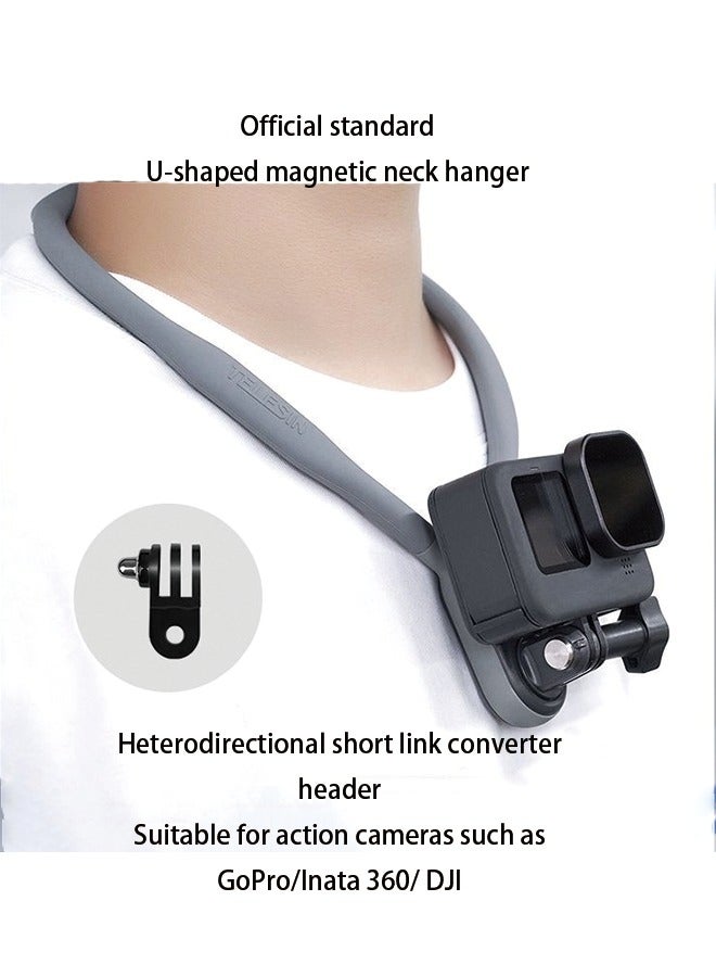 TELESIN official standard configuration U-shaped magnetic hanging neck bracket, Equipped with anisotropic short link conversion head, Compatible with GoPro/Inata 360/DJI and other action cameras