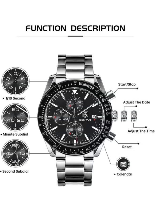 Men's quartz watches, waterproof sports chronograph watches, men's automatic date watches, dial 45mm BY5140 Silver Black