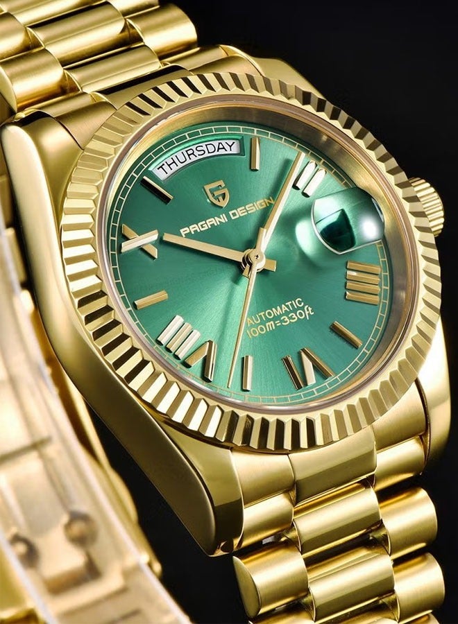 Men's 36mm Automatic Sky Blue Stainless Steel Mechanical Business Sports Watch, Men's Luxury Watch PD-1752 Gold Green