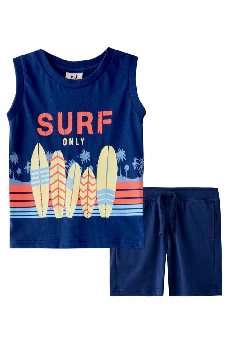 Baby Boys 2 piece Set - Sleeveless T-Shirt(Vest) & Shorts - Blue (100% Cotton)- VJ