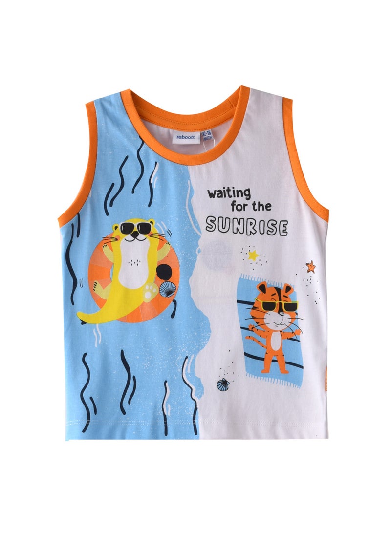 Baby Boys 2 piece Set - Sleeveless T-Shirt(Vest) & Shorts - Off-While and Orange (100% Cotton)- VJ