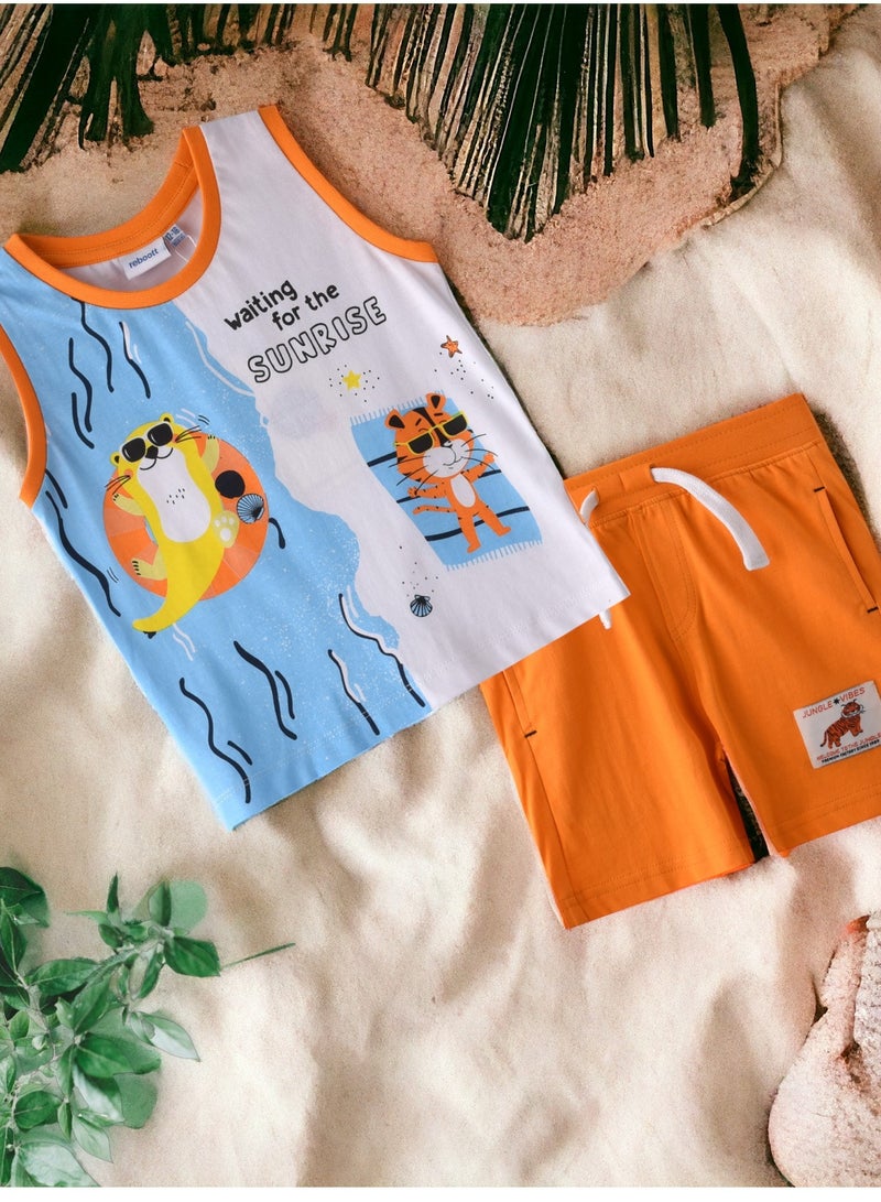 Baby Boys 2 piece Set - Sleeveless T-Shirt(Vest) & Shorts - Off-While and Orange (100% Cotton)- VJ