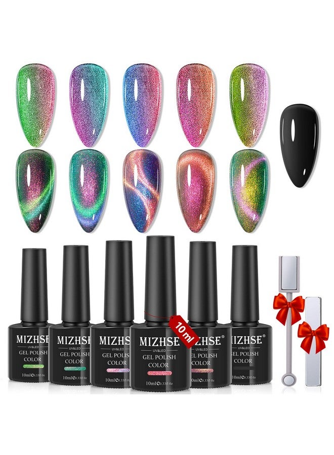 9D Cat Eye Gel Nail Polish: Magnetic Gel Polish Set 10Ml 6 Colors With 2 Magnet Sticks Chameleon Magic Galaxy Shiny Effect Cateye Nail Gel Soak Off Nail Art Gift For Ladies