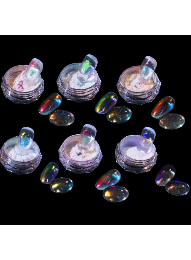 Ice Transparent Aurora Nail Powder Neon Rainbow Holographic Chameleon Powder Multi Chrome Iridescent Pigment Pearlescent Nail Art Glitters (6 Boxes Transparent)