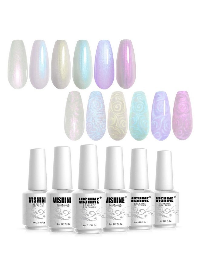 Pearl Gel Nail Polish Colleaction Glitter Pearlescent Shell Gel Polish Beige White Pearl Blue Purple Shimmer Mermaid Swirl Thread Effect Nail Gel Soak Off Led Uv Diy Manicure 6Pcs