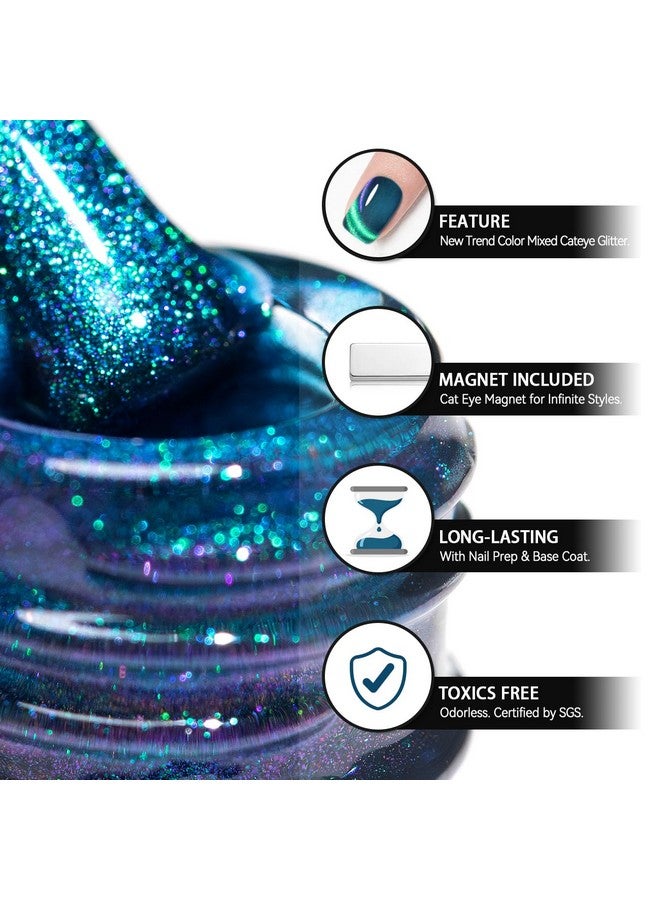 Aurora Cat Eye Gel Nail Polish Blue Green Purple Multi Color Velvet Diamond Cateye Gel Polish With Magnet Stick Reflective Shimmer Uv Led Curing Requires Soak Off For Home Salon Manicure 15Ml