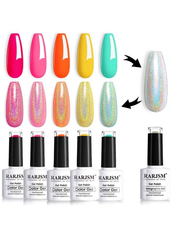 Neon Gel Nail Polish Kit Soak Off Holographic Nail Polish Set Silver Glitter Nail Polish Irridescent Colors Green Yellow Neon Orange Hot Pink Rose Red 6 Piece Set 7.5Ml Curing Required