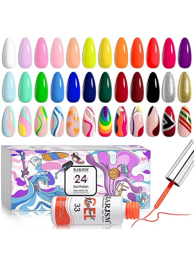 Nail Art Gel Liner 24 Color Line Art Painted Gel Nail Polish Set Pink Blue Green Silver Gold Glitter For Nails Painting Drawing Soak Off Uv Led Curing Requires Bulid In Thin Nail Art Brush