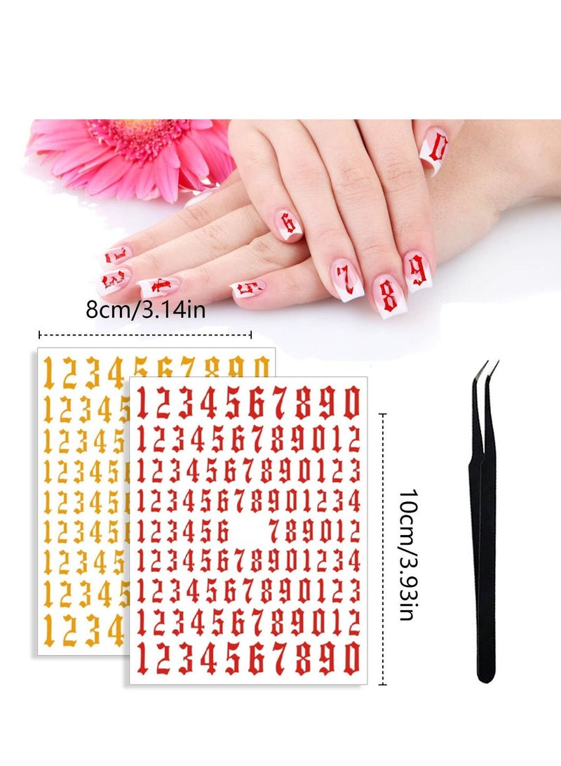 Number Nail Stickers Tips, 6 colors X 2 sheets, 3D Laser Nail Decals Self Adhesive Nail Art Stickers for Women with 1Pc Tweezers