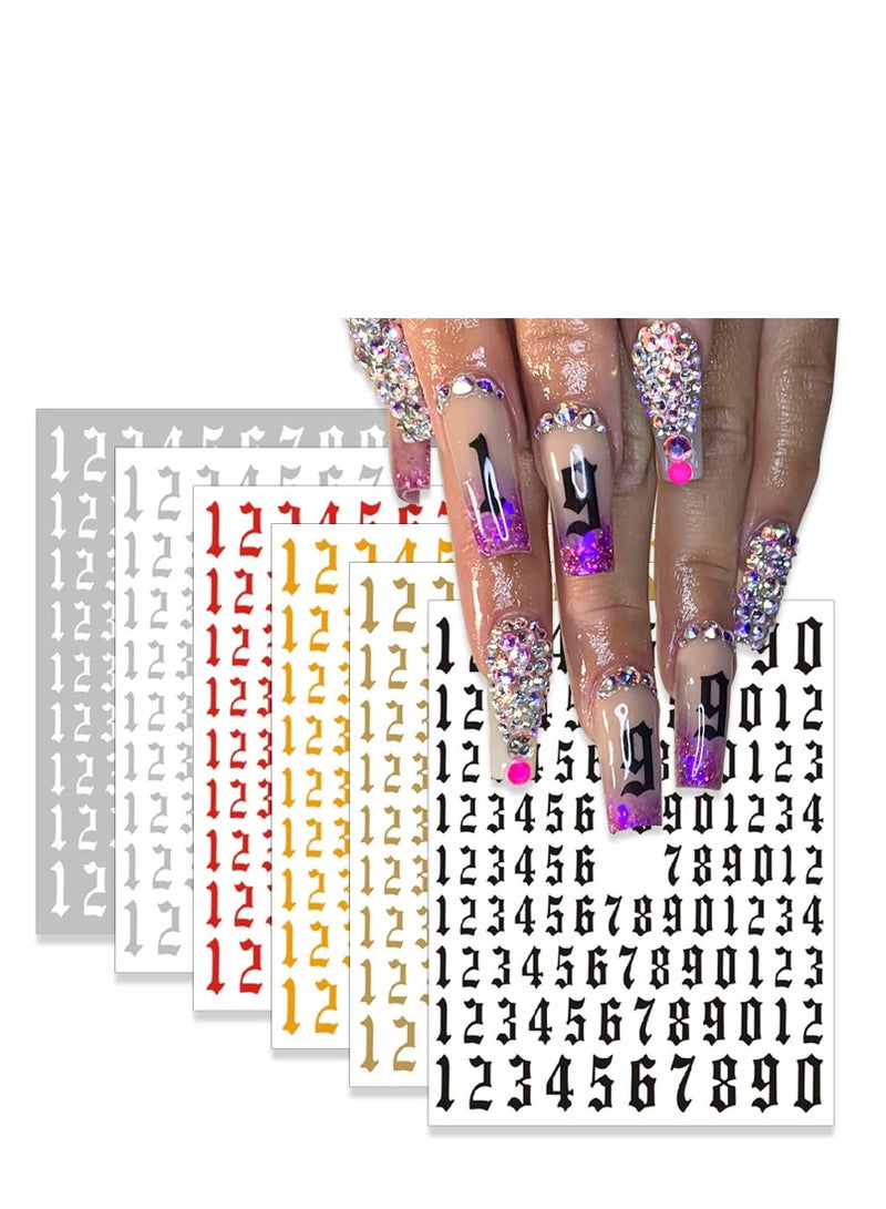 Number Nail Stickers Tips, 6 colors X 2 sheets, 3D Laser Nail Decals Self Adhesive Nail Art Stickers for Women with 1Pc Tweezers