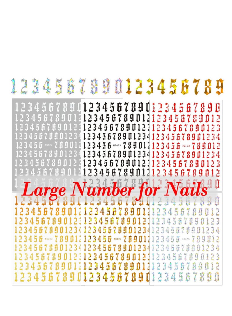 Number Nail Stickers Tips, 6 colors X 2 sheets, 3D Laser Nail Decals Self Adhesive Nail Art Stickers for Women with 1Pc Tweezers