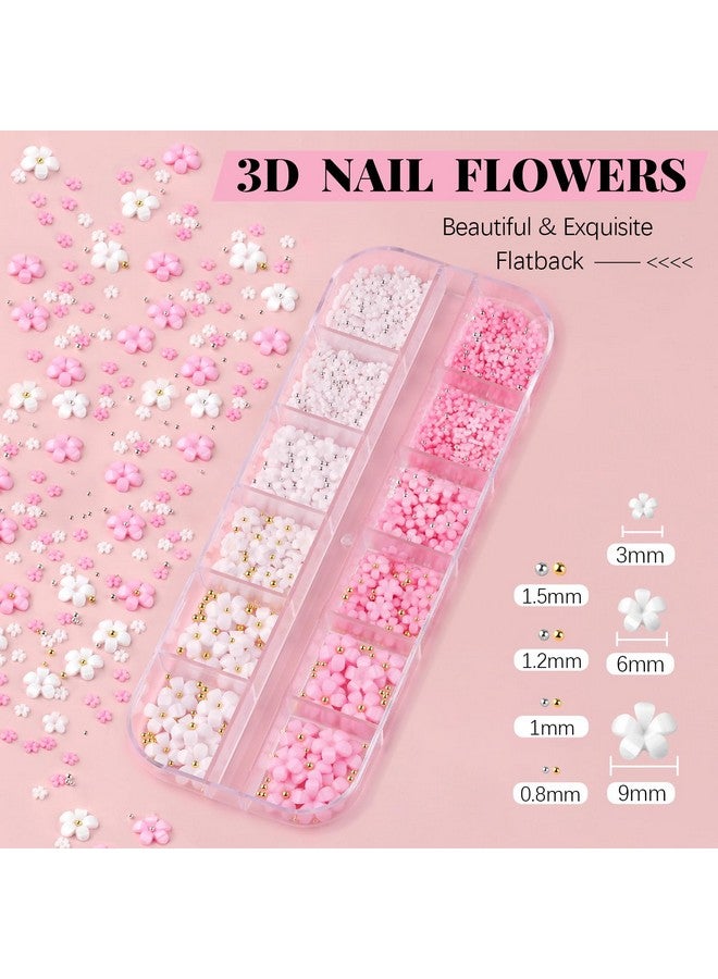 3D Flowers Manicure Gems With Nail Rhinestone Glue Gel Colorful Acrylic Flower Nail Charms With Caviar Beads Rhinestones For Nails And Gem Glue For Nails (Uvled Needed) With Pickup & Dotting Tools
