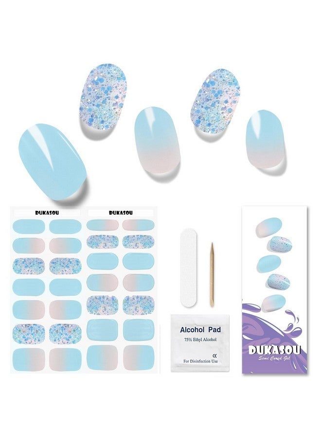 Semi Cured Gel Nail Strips 28 Pcs Gel Nail Strips Work With Any Uv Lamp Long Lasting Gel Nail Stickers Full Nail Wraps Salon Quality Easy To Apply（Summer Blue)