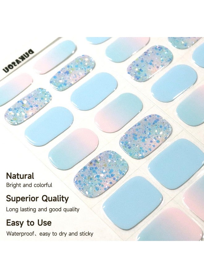 Semi Cured Gel Nail Strips 28 Pcs Gel Nail Strips Work With Any Uv Lamp Long Lasting Gel Nail Stickers Full Nail Wraps Salon Quality Easy To Apply（Summer Blue)