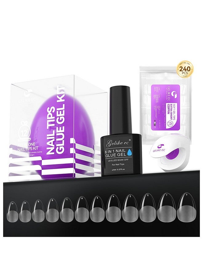 Gel X Nail Kit 6 In 1 Uv Strong Gel Glue 240Pcs Short Almond Nail Tips And Uv Lamp