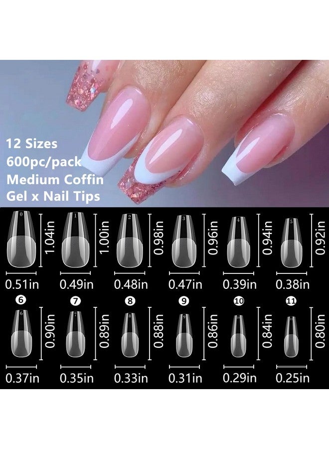 600Pc Soft Gel Medium Coffin Fake Nail Tips Full Cover Gel X Nail Tips Coffin Clear Medium Fake Nail False Nails Gel Nail Tips For Acrylic Nails Extension Press On Nails