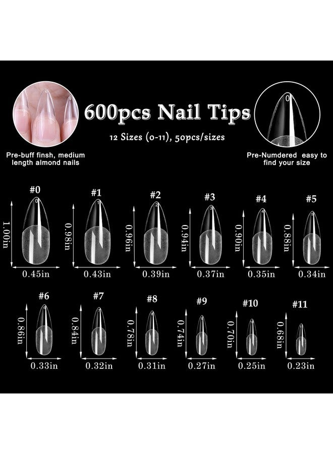 600Pcs Almond Nail Tips Medium Almond Gel X Nail Tips Clear Fake Nails Full Cover Acrylic Nail Tips For Extension Nail Manicure Salon Home Diy