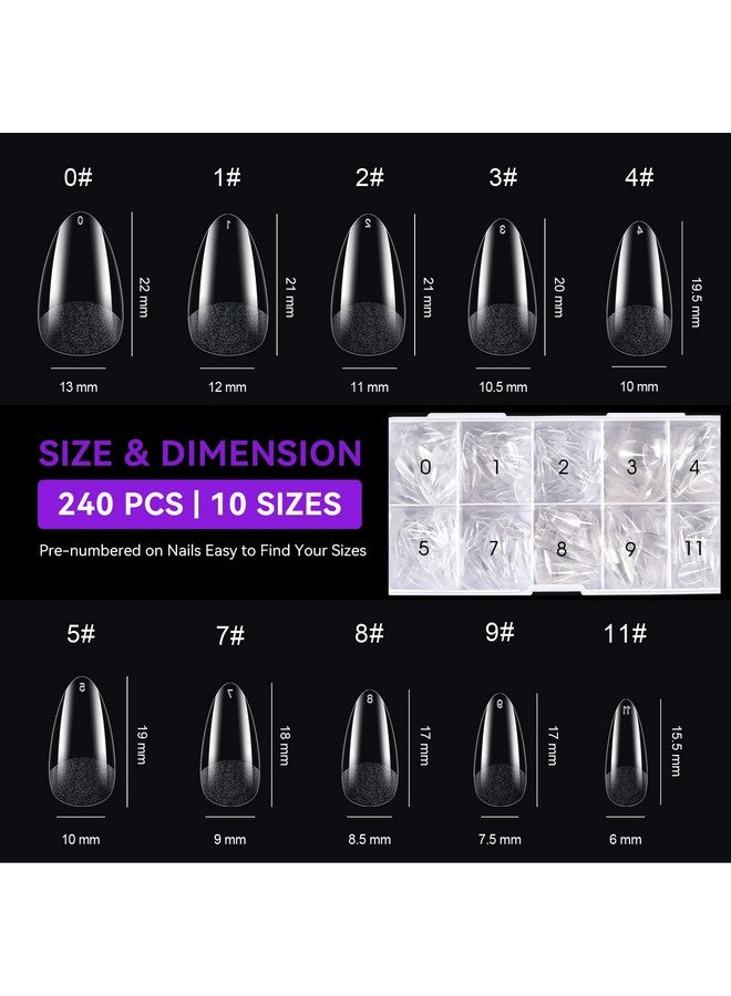 Short Almond Nail Tips: 240Pcs Soft Gel Tips For Almond Shaped Full Cover Gel X Nail Tips Pre Etched Pmma Resin Clear False Nails 10 Sizes